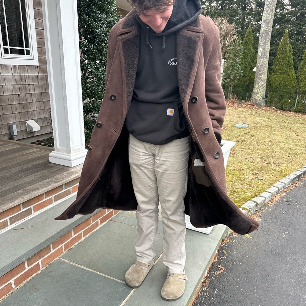 VTG Sawyer of Napa Lambskin Shearling Mens Coat Jacket Size 46 Brown Suede